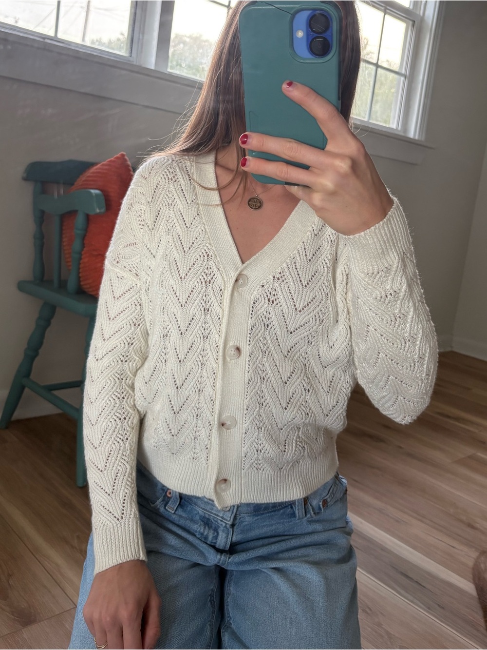 miami Cream Open‑Knit V‑Neck Button Cardigan